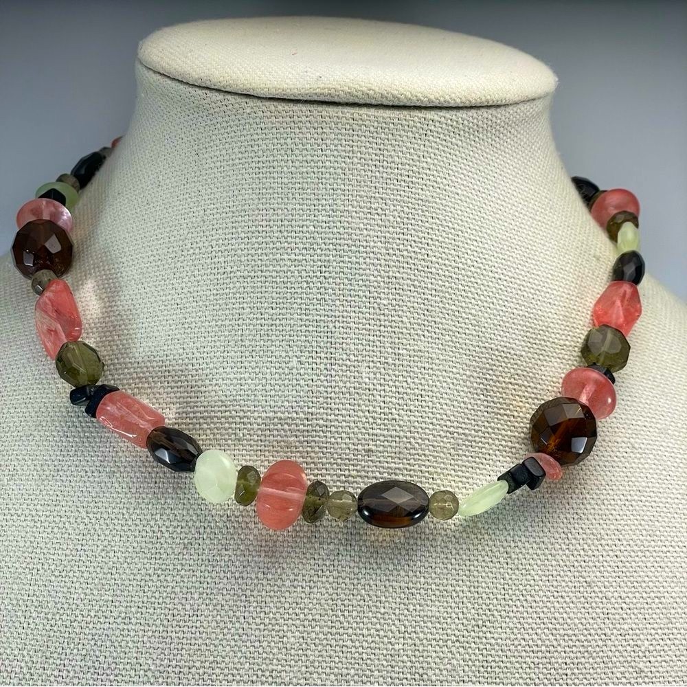 925 Sterling Silver Cherry Smokey Lemon Quartz Beaded Necklace Gemstone Unique